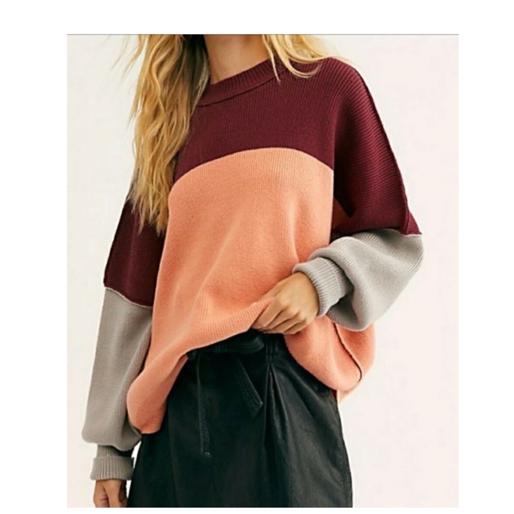 Free People Easy Street Colorblock Sweater Burgundy Peach Grey S/P Oversized